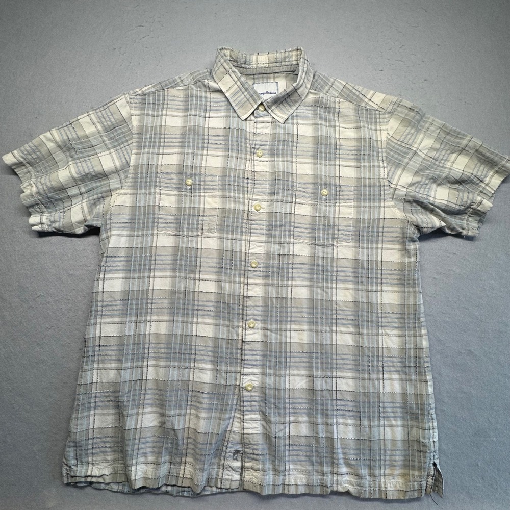 Tommy Bahama Shirt Mens XL Gray Plaid Silk Cotton Short Sleeve Button Up Pocket
